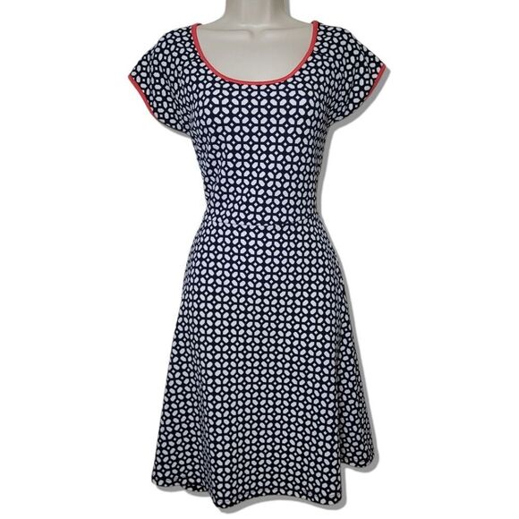 Hailey:23 Rinna Knit Navy Geometric Print Orange Trim Fit & Flare Mini Dress - Picture 1 of 8